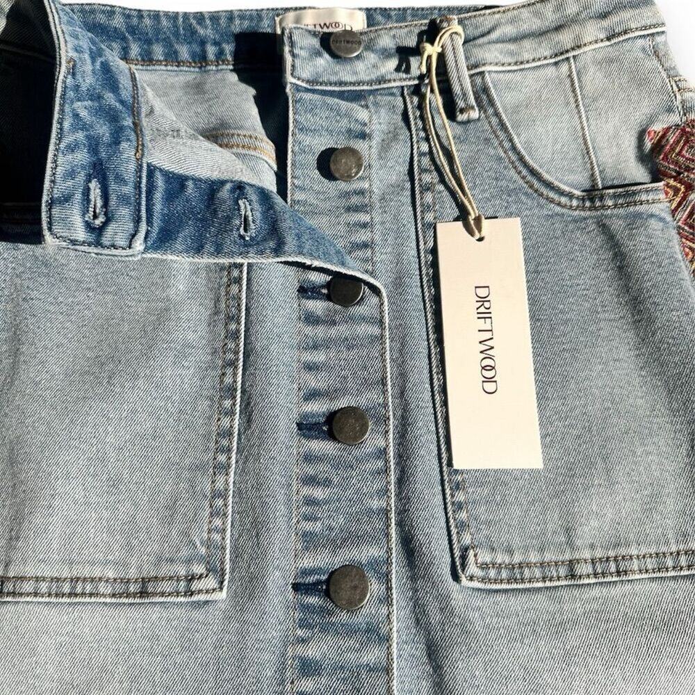 Driftwood Boho Denim Mini Skirt Size 26 Button Front Raw Hem Pockets NWT - Picture 2 of 11